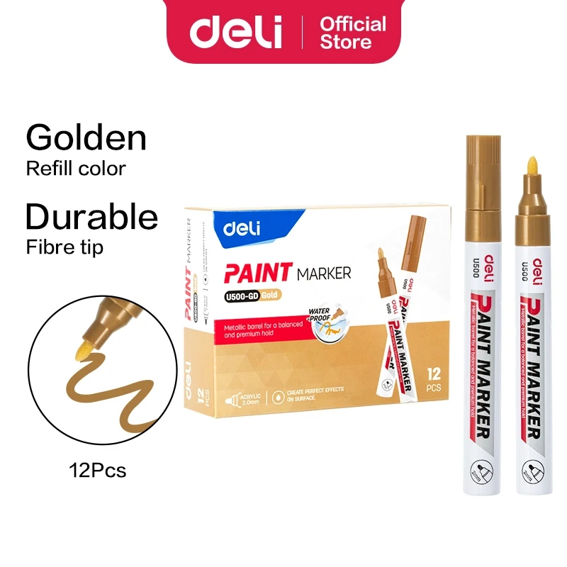 Deli EU500 Paint Marker, 2mm Bullet Tip Gold (12Pcs/Pack)