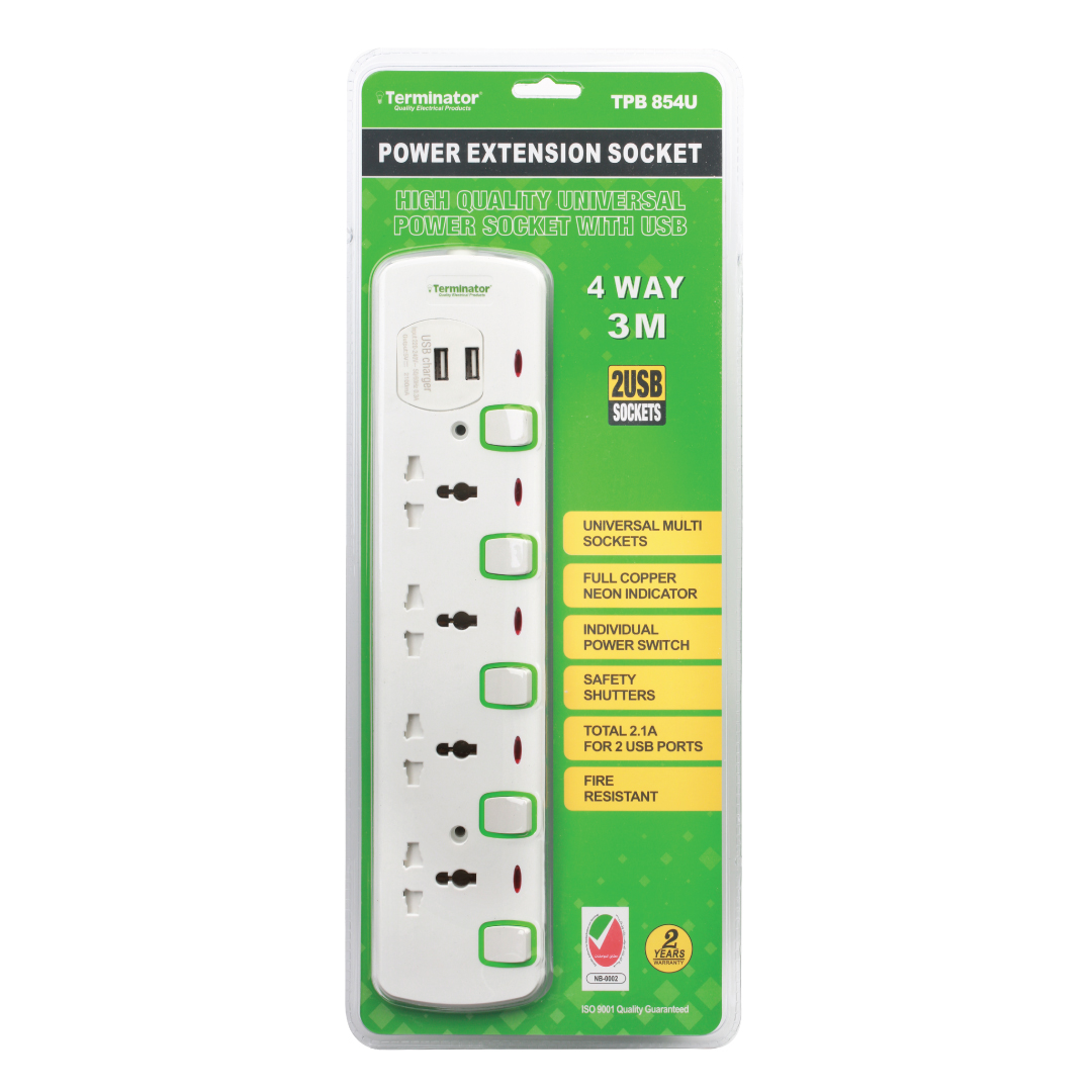 4 Way Universal Power Extension Socket With 2 USB 2.1A, 3M Cable 13A