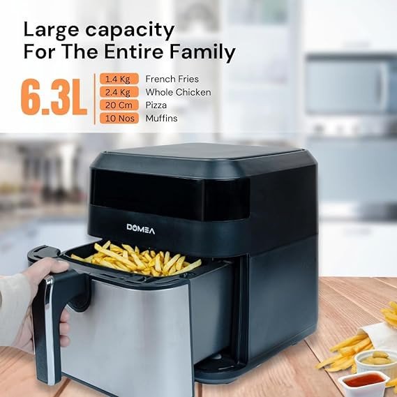 DOMEA Air Fryer 6.3 Liter Capacity, 1700 Watts, Digital Touch Control Panel, Adjustable Temperature & Timer, For Roast, Bake, Dehydrate & Reheat, For Quite & Easy Oil Free Cooking, Black