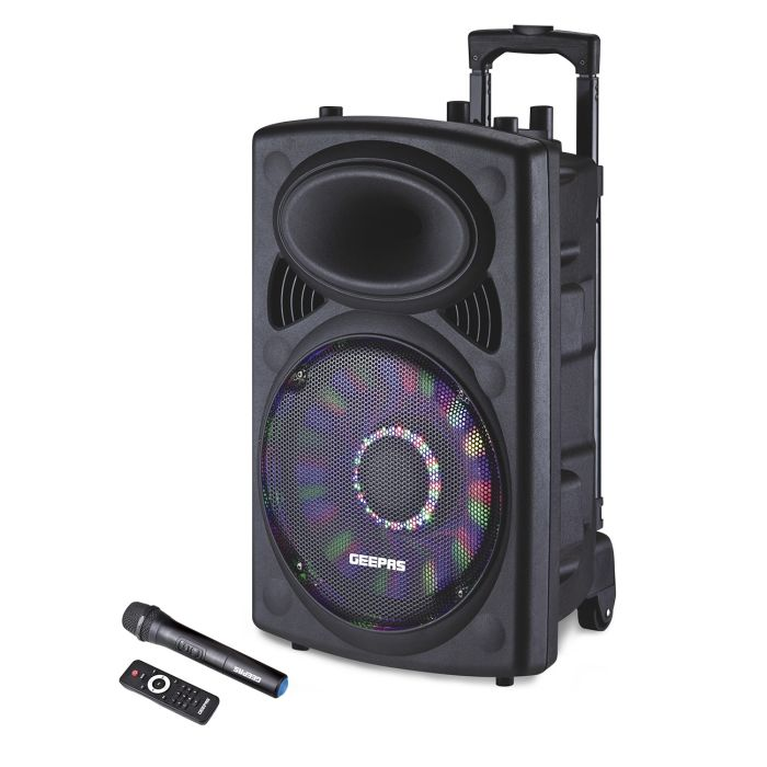 Geepas 12-Inch Trolley Bluetooth Speaker - Wireless Microphones, Battery Powered Rechargeable | Karaoke DJ Speaker With LED Lights | Portable Speaker With Trolley Handle, USB & Auxiliary Inputs