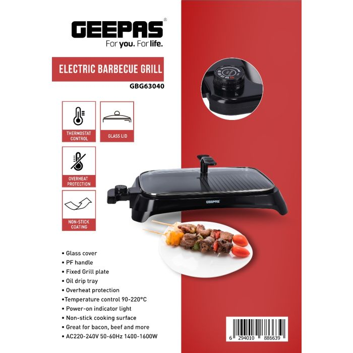 Geepas 1600W Electric Barbeque Grill - Adjustable Thermostat Non-Stick Smokeless Grill Indoor With Glass Lid | Overheat Protection & On Indicator Light | Ideal For Bacon, Beef, Chicken, Veggies & More