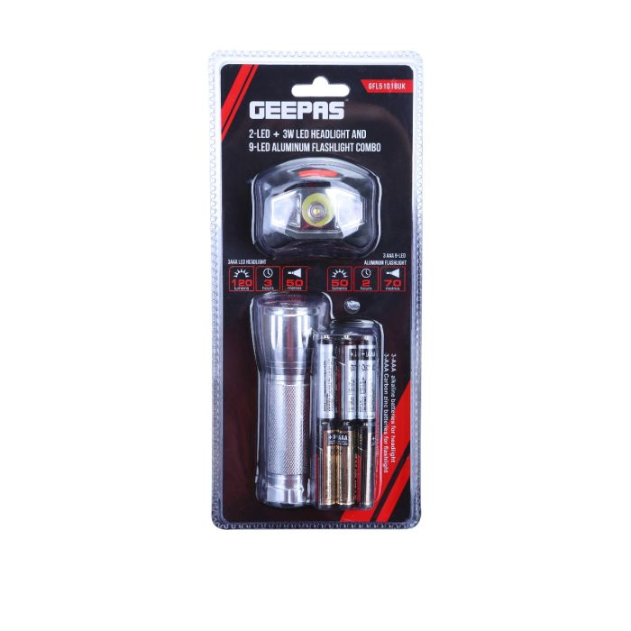 2-LED + 3W LED Headlight & 9-LED Aluminum Flashlight Combo - 3-AAA Batteries Included And Pre-Installed, Flashlight With Lanyard For Hang Up, Great For Camping, Hiking, Hunting, Fishing And BBQ