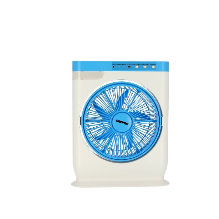 Geepas 12'' Rechargeable Box Fan - 2 Speed Settings With Oscillating/Rotating And Static Feature | Electric Cooling Fan With LED Light, Solar Input, USB Output For Office, Home & Outdoor Use - 2 Year 