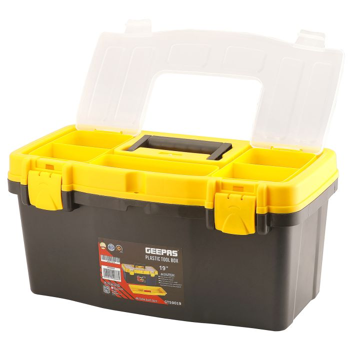 19" Plastic Tool Box With Safe Metal Latches, Durable Tool Box With Tools And Wheel, Handy Storage Compartments