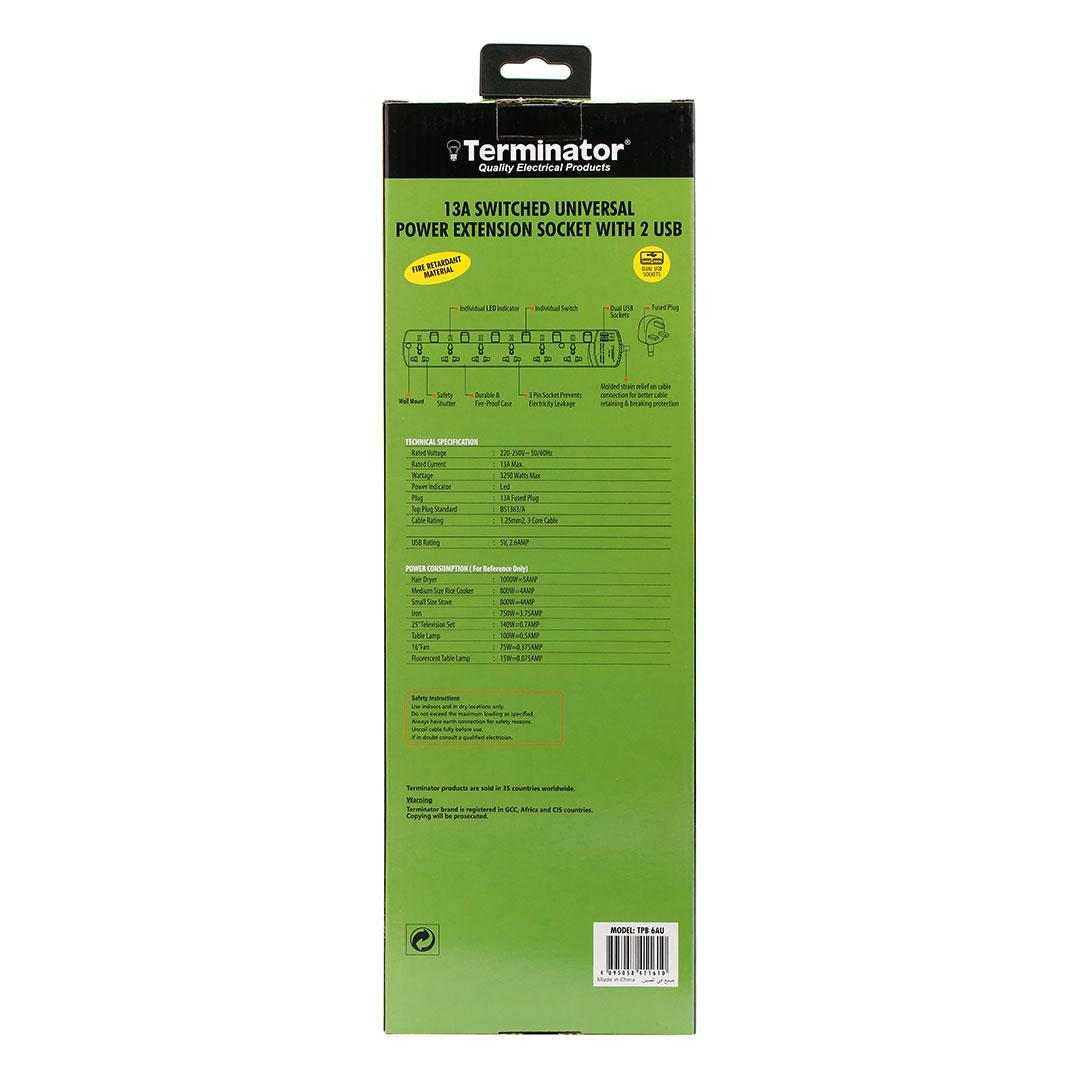 6 Way Universal Power Extension Socket 3M Cable With 2USB