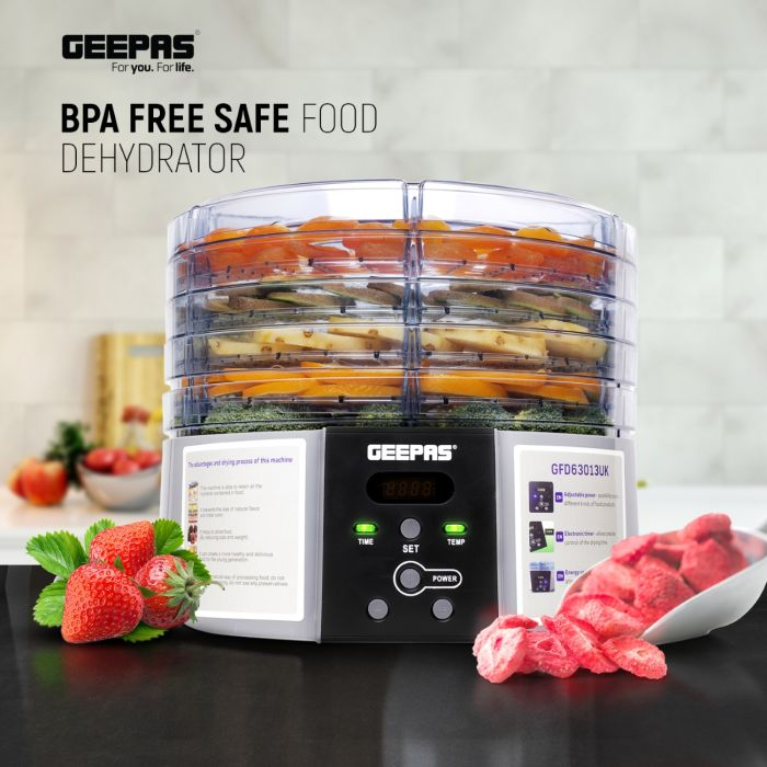 GFD63013UK 520W Digital Food Dehydrator - Food Dryer With 5 Large Trays, Adjustable Temperature & Timer Settings, Ideal For Fruit, Healthy Snacks, Vegetables, Meats & Chili, BPA-Free