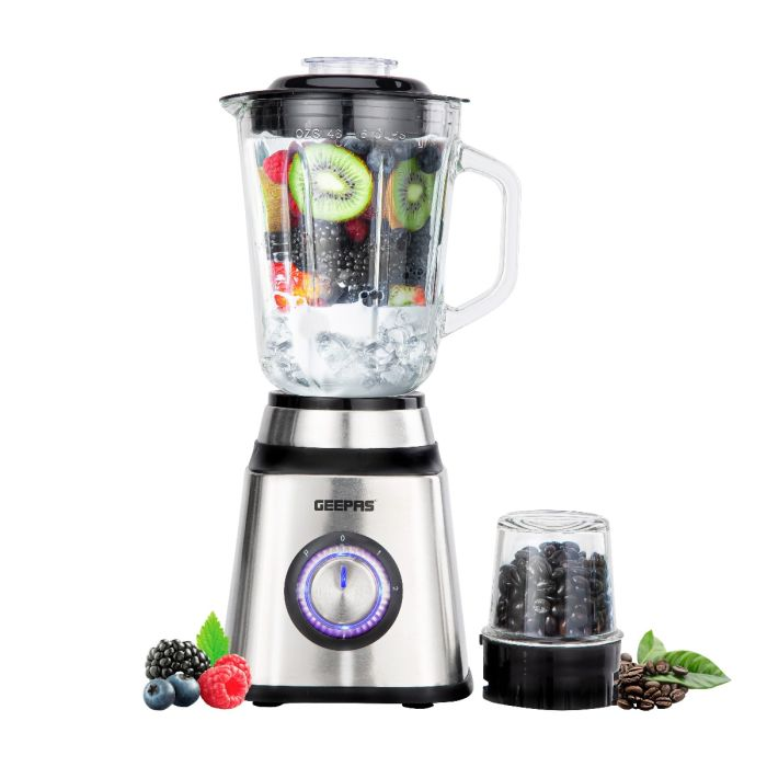 Geepas 2-in-1 Blender with 500W Motor, 1.5L Glass Jar & Grinder – 2 Speed with Pulse, Safety Lock, Stainless Steel Blades