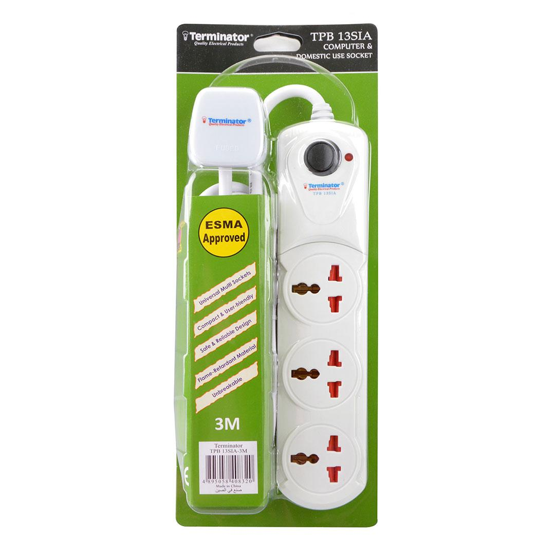 3 Way Universal Extension Socket With Switch & LED 3M Cable