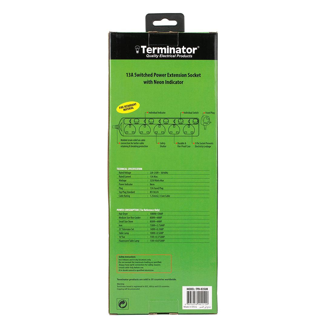 : 5 Way UK Power Extension Socket With Individual Switches 3M 1.25mm2 Cable 13A Plug