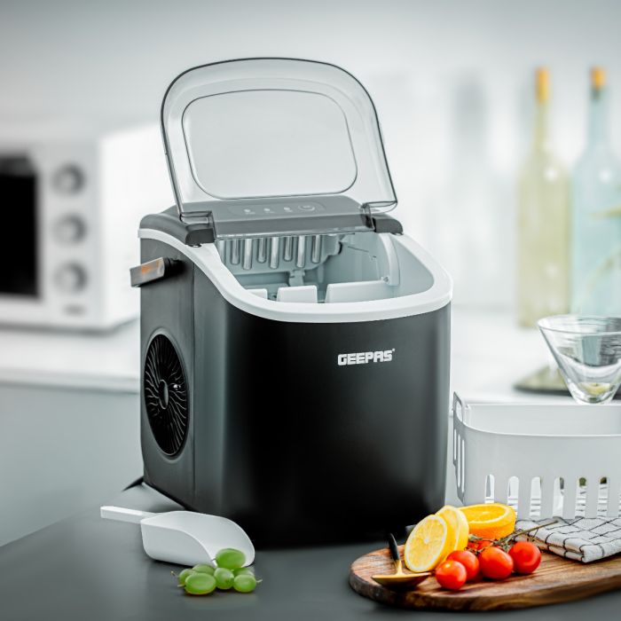 Geepas Portable Automatic Ice Maker- GIM63053UK| 1.2 L Water Container Capacity, 0.6 KG Ice Container Capacity| Produces 12 KG Ice Per Day, Perfect For Home, Restaurants, Outdoor Parties, Camps, Etc| 