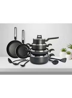 15-Piece Non-Stick ,Cookware Set, (2 Fry Pans, 2 Casseroles, Saucepan, Kadai, 4 Lids & 5 Spatulas,) with 5 Layer PTFE ,Non-Stick Spray Coating, BXSGS15BME Black 7.69kg,