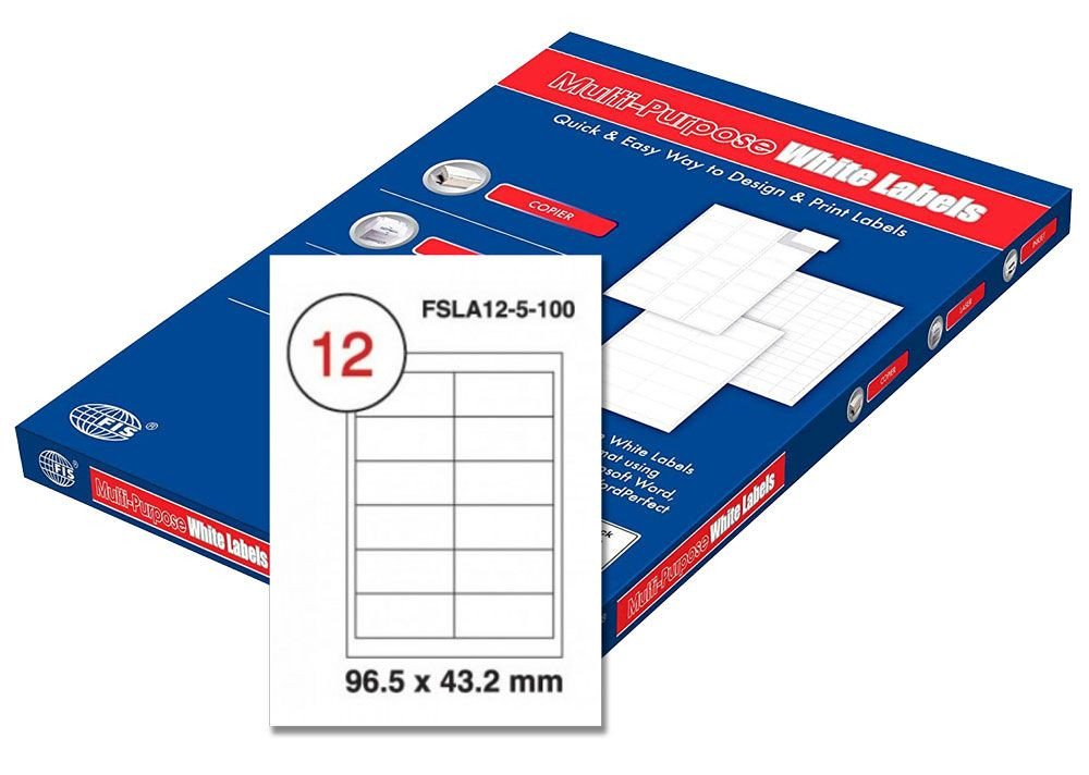 FIS Multipurpose Laser Labels, Colour White, Size 96.5X43.2MM, (12 Sticker x 100 Sheet) A4 Size, E.U. Origin Material - FSLA12-5-100
