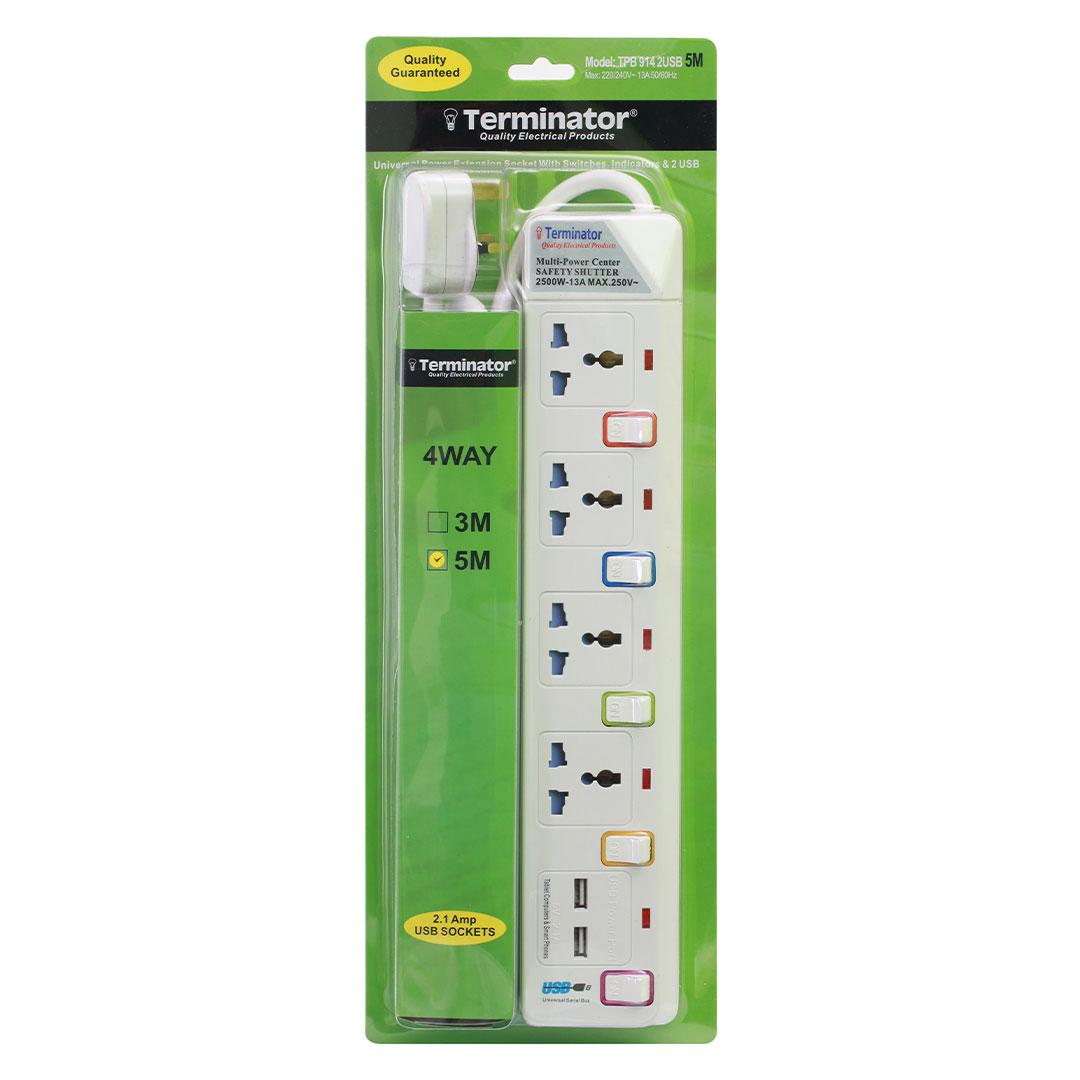 4 Way Power Extension Socket With 2 USB 2.1A 5M 13A Plug