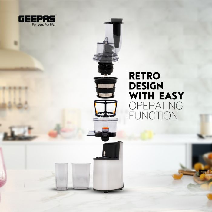 Geepas GSJ44019UK 200W Masticating Slow Juicer Machine | Cold Press Juicer, 80 MM Big Wide Mouth, Creates Fresh Healthy, High Nutrient Vegetable & Fruit Juice | Quiet Motor & Reverse Function