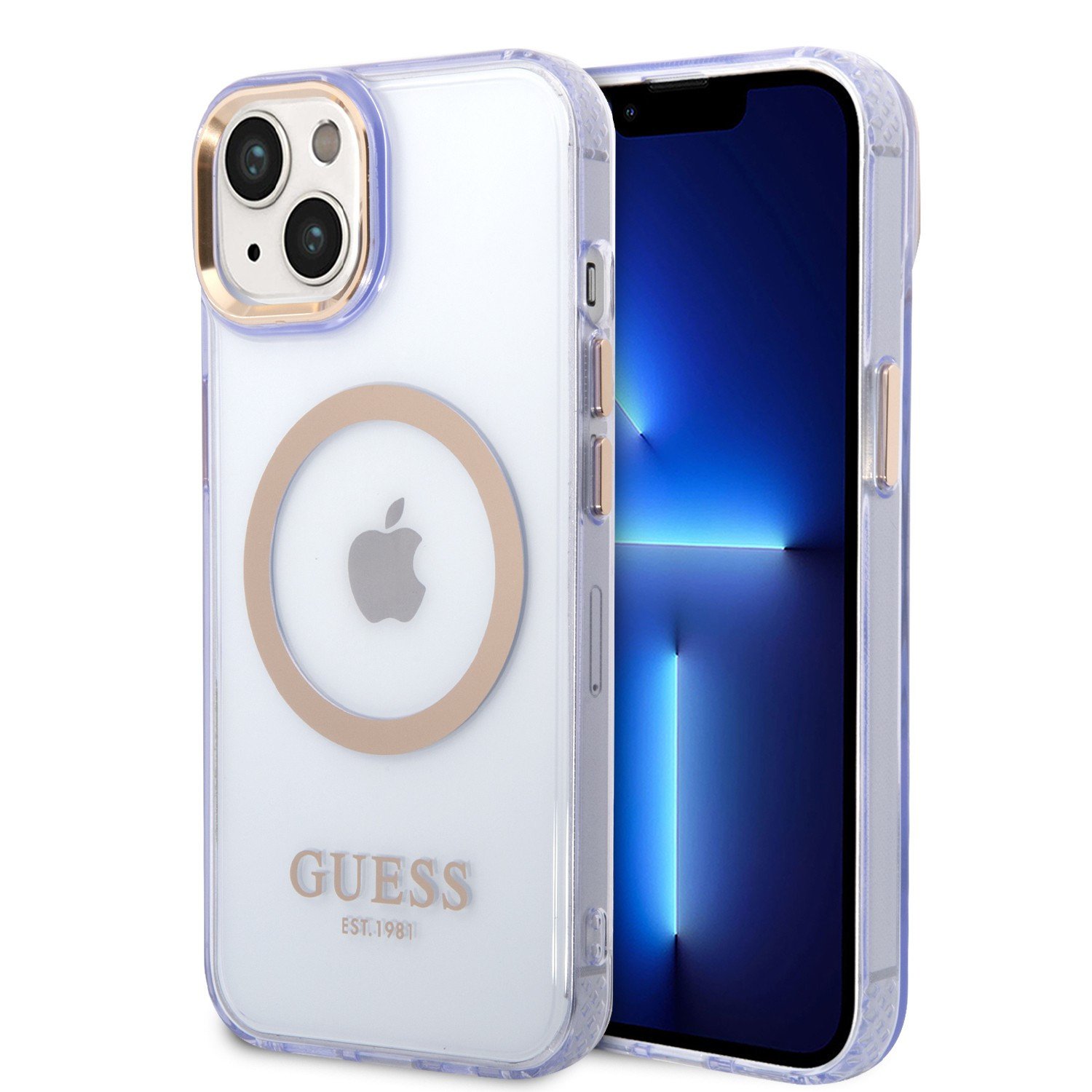 Guess Magsafe Case With Translucent Gold Outline For iPhone 14 - Purple