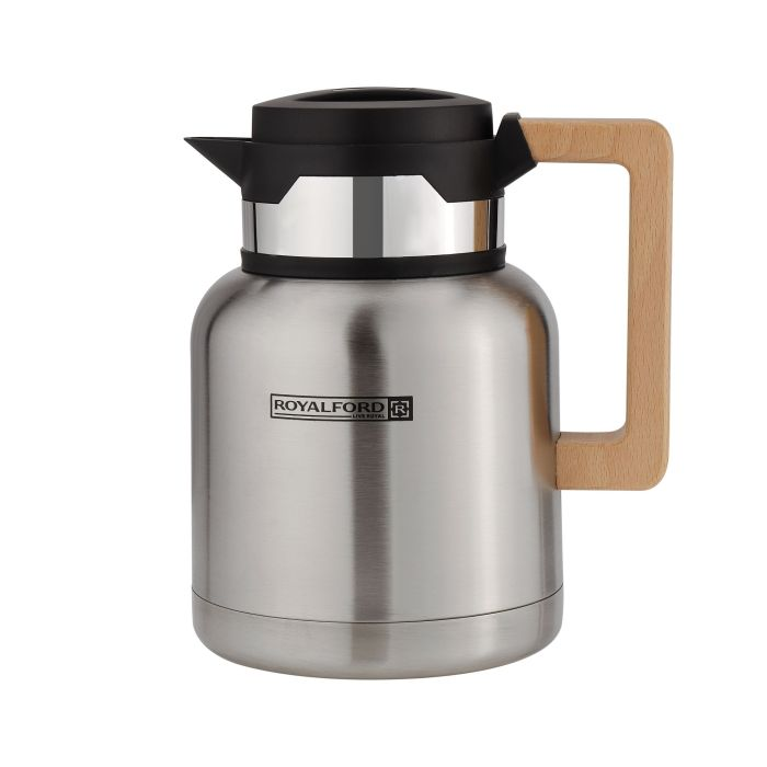 Royalford Stainless Steel Vacuum Jug With Wooden Handle, 1L, RF10169 | Thermal Insulated Airpot | Keep Drinks Hot & Cold Up To Hours | Portable & Leak Proof Thermal Flask