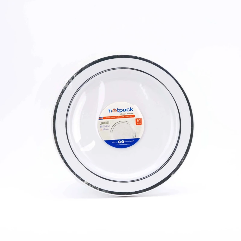 White Round Plate With Silver Rim Design 10 Pieces