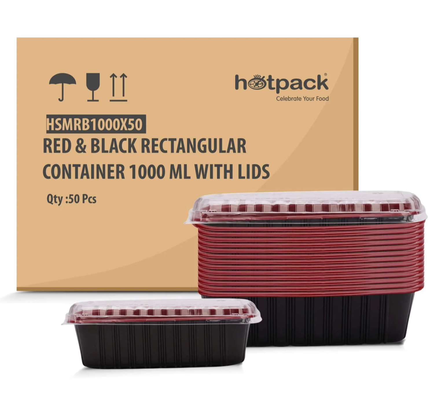 Red & Black Rectangular Meal Prep Container 1000ml + Lid 50 Set
