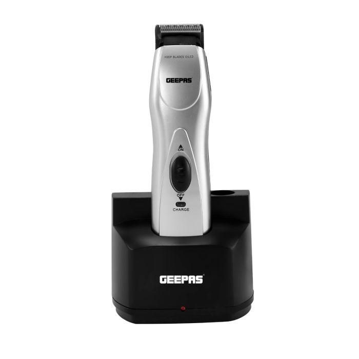 Geepas Rechargeable Trimmer 3W - Portable Comfortable Grip, Chromium Steel Blade, Cordless Operation, LED Charge Indication | Cordless Rechargeable Trimmer With 5 Combs & Charging Stand