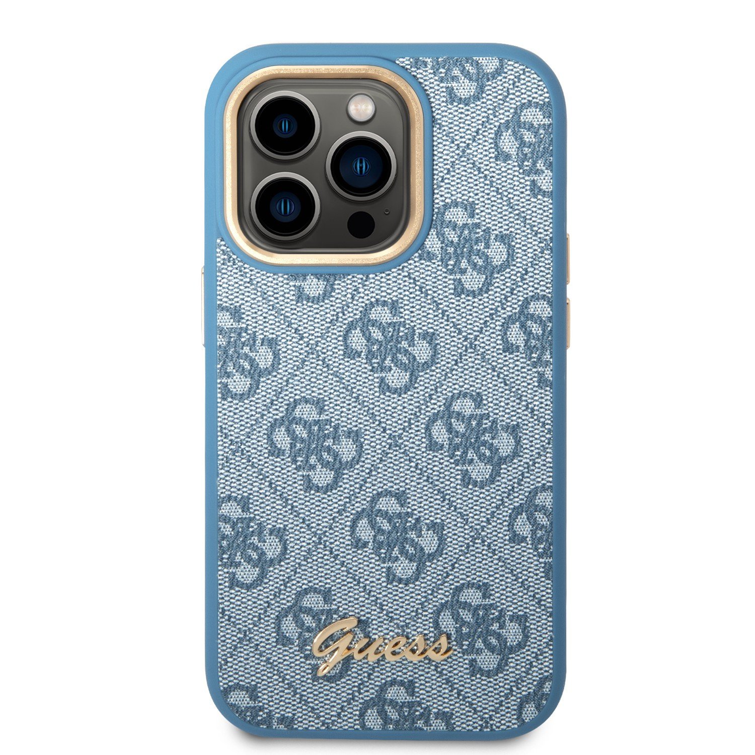 Guess PC/TPU 4G PU Case With Metal Camera Outline & Buttons For iPhone 14 Pro Max - Blue