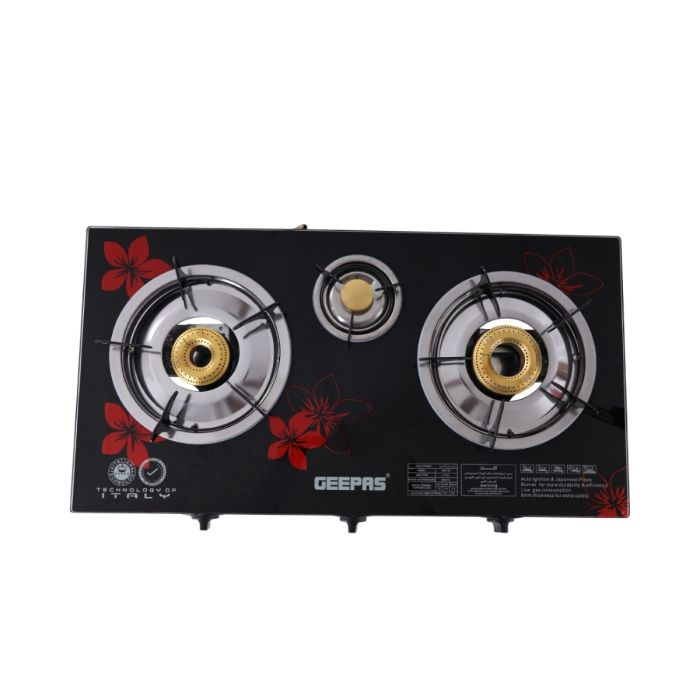 Geepas GK6759 Gas Hob/Stove - Attractive Design, Gas Range 3-Burner Stove Cooktop, Auto Ignition, Outdoor Grill, | 8mm Glass Top | Fuel Efficient Brass Burners