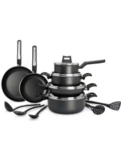 15-Piece Non-Stick ,Cookware Set, (2 Fry Pans, 2 Casseroles, Saucepan, Kadai, 4 Lids & 5 Spatulas,) with 5 Layer PTFE ,Non-Stick Spray Coating, BXSGS15BME Black 7.69kg,