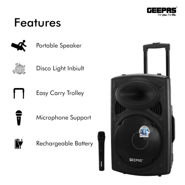 Geepas 12-Inch Trolley Bluetooth Speaker - Wireless Microphones, Battery Powered Rechargeable | Karaoke DJ Speaker With LED Lights | Portable Speaker With Trolley Handle, USB & Auxiliary Inputs