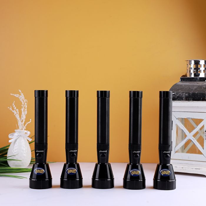 Geepas 5 In 1 Rechargeable Family Pack LED Flashlight - Hyper Bright Cool White Light 2000 Meters Range Portable Torch High Beam LED Flashlight| Life Time Warranty CREE LED