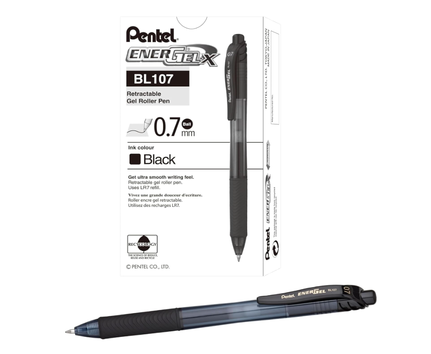 Pentel BL107 Energel X Gel Retractable 0.7 mm Black BL107/A (Pack of 12)