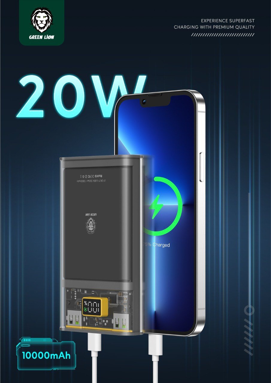 Green Super Fast Transparent Power Bank 20000mAh ( QC 22.5W + PD 20W ) - Black