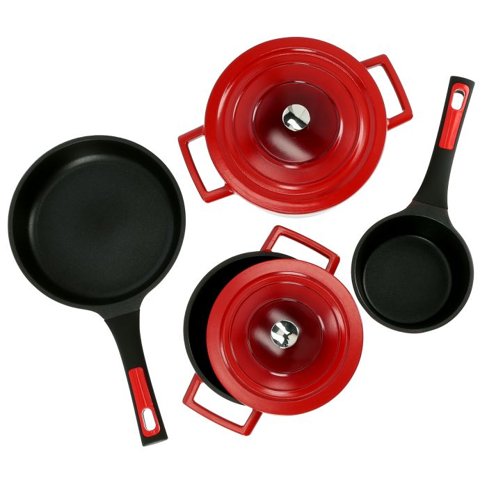 Royalford RF9845 6Pcs Cast Aluminium Cookware Set - Saucepan, Fry Pan & Casseroles With Lids Non-Stick Interior & Non-Slip Stay-Cool Handles | Thick Evenly Heating Base | Multiple Hob Compatibility (R