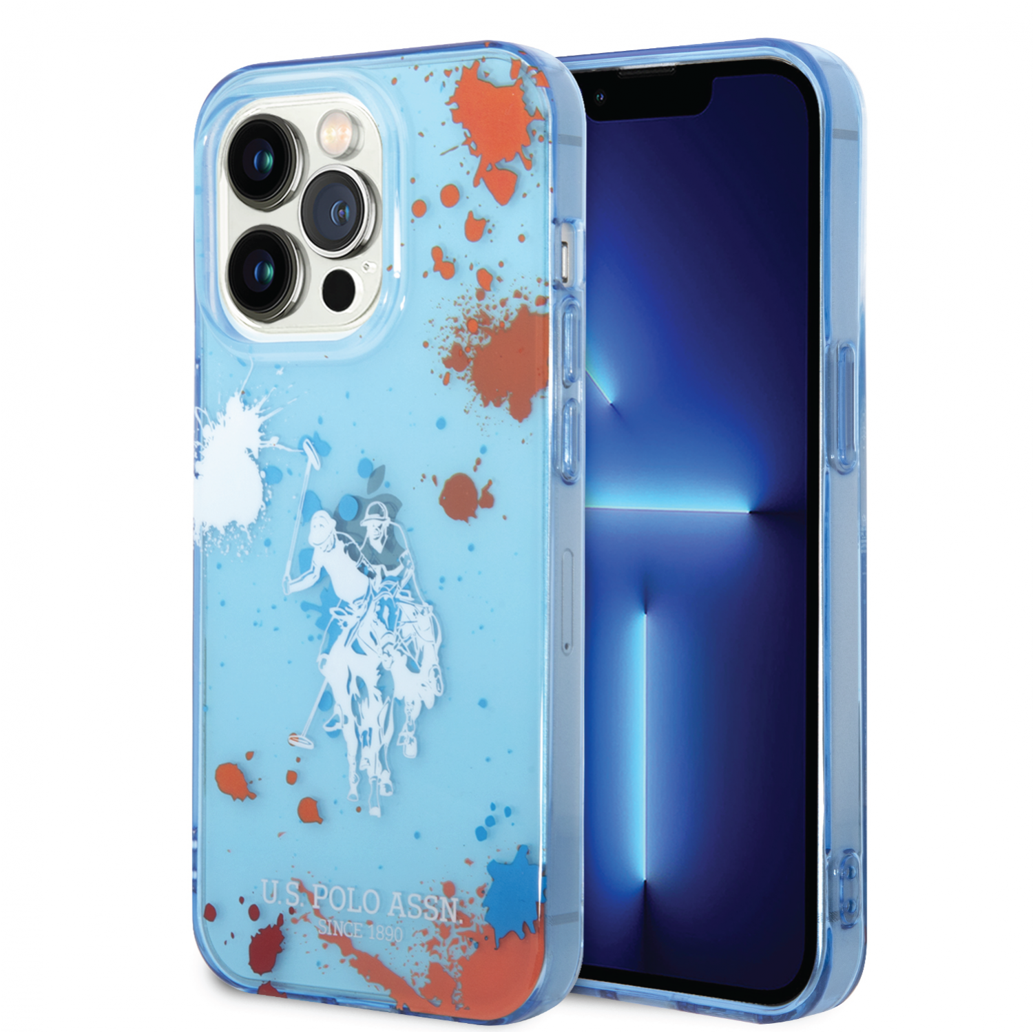 USPA PC/TPU Case With Splatter Pattern & Horse Logo For iPhone 14 Pro - Blue