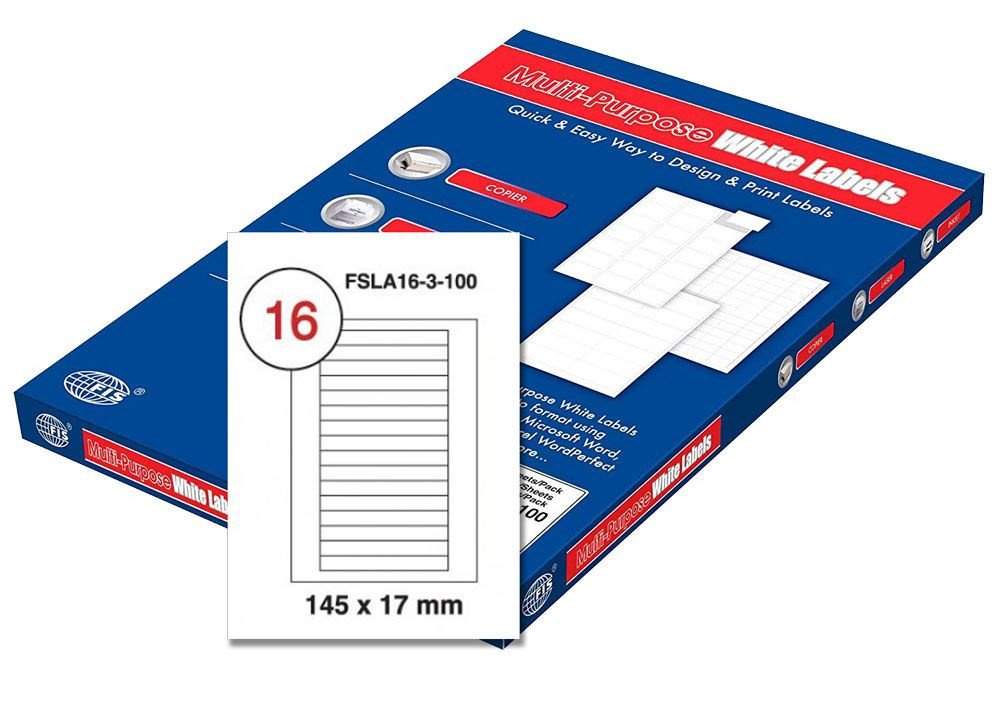 FIS Multipurpose Laser Labels, Colour White, Size 145X17MM, (16 Sticker x 100 Sheet) A4 Size, E.U. Origin Material - FSLA16-3-100