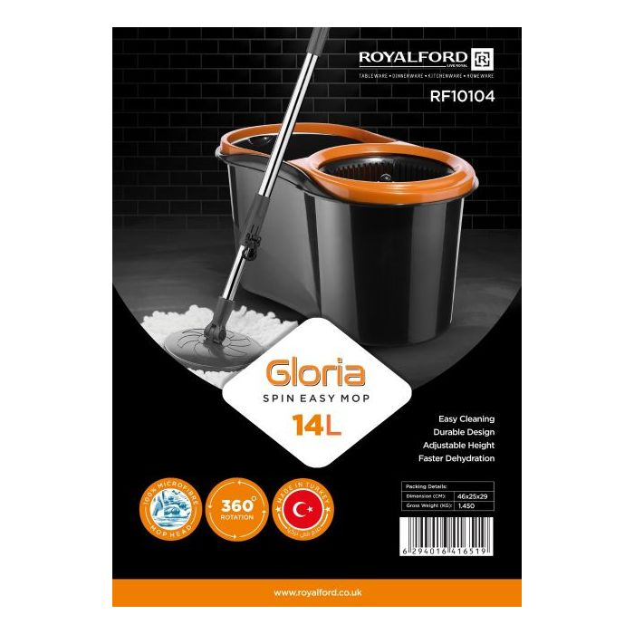 Gloria Spin Easy Mop, 14L Bucket, 360 Rotation, RF10104 | Extended Easy Press Stainless Steel Handle | Easy Wring Dryer Basket For Home, Kitchen Floor Cleaning