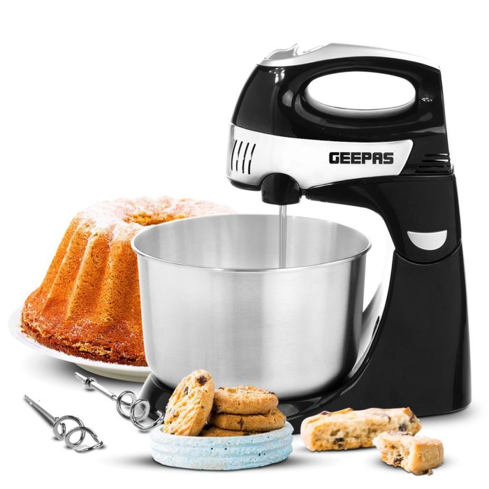 Geepas GSM43019UK 300W 2 In 1 Electric Hand & Stand Mixer | 4.3L Stainless Steel Mixing Bowl For Bread & Dough | 5 Speed Control, Eject Button, Turbo Function | A Pair Of Beaters & Dough Hooks - 2 Yea
