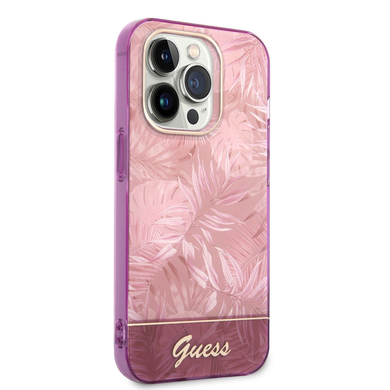 Guess PC/TPU IML Case With Double Layer Electroplated Camera Outline & Toile De Jouy For iPhone 14 Pro Max - Pink