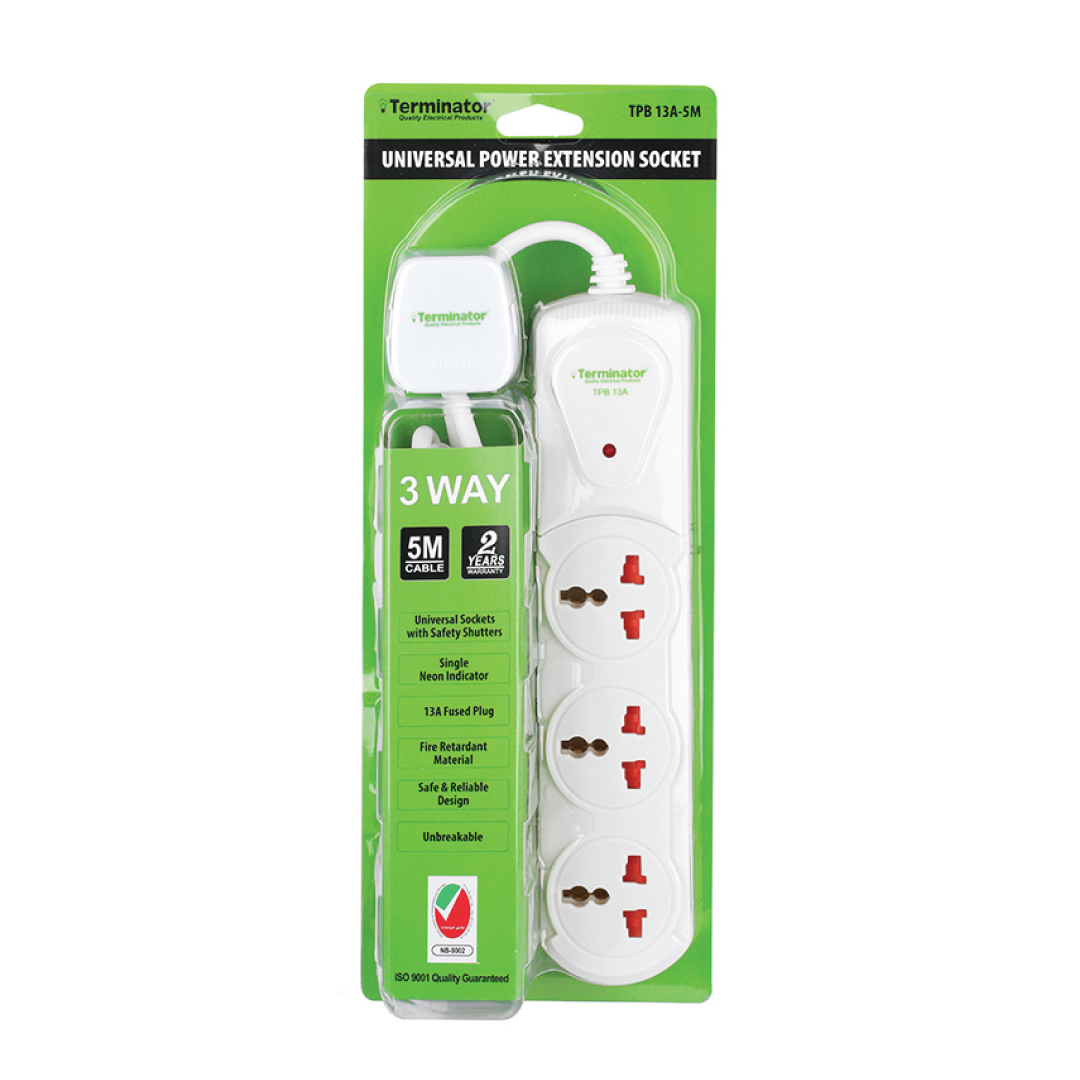 3-Way Universal Power Extension Socket With Single Indicator 1.00mm2 Cable 5M 13A Fused Plug