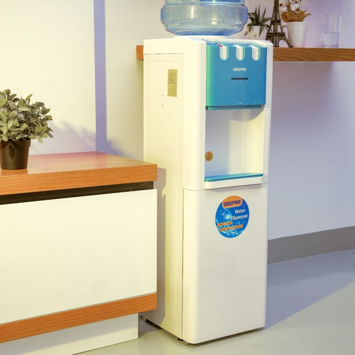 Geepas Water Dispenser - Hot & Cold Water Dispenser - Stainless Steel Tank, Compressor Cooling System, Child Lock - 2 Tap - 2 In 1 Water Dispenser - 1L Hot And 2.8L Cold Water Capacity