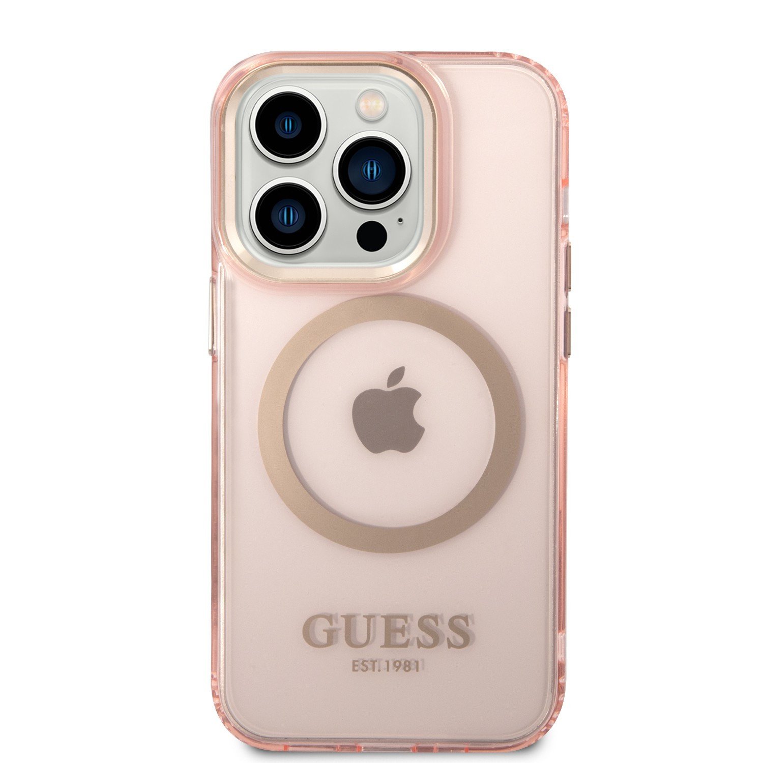 Guess Magsafe Case With Translucent Gold Outline For iPhone 14 Pro Max - Pink