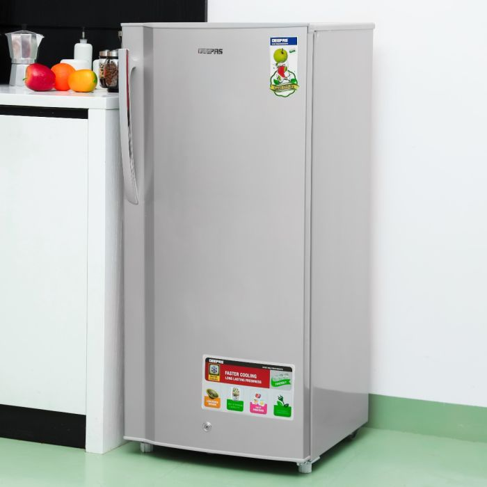 Geepas Single Door Direct Cool Refrigerator- GRF2059SPE| Quick Cooling With Defrost Technology| Glass Shelves, Transparent Door Basket, Extra Space And Long Lasting Freshness| Low Noise Design And Low