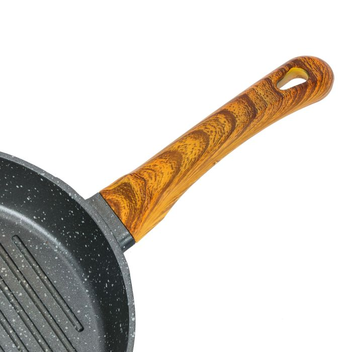 Round Grill Pan, Granite Coated Die-Cast Aluminium, RF10765 | 2 Pouring Spouts | 24cm Non-Stick Cookware Fry Pan | Strong Wood-Finish Bakelite Handle | 4mm Thickness