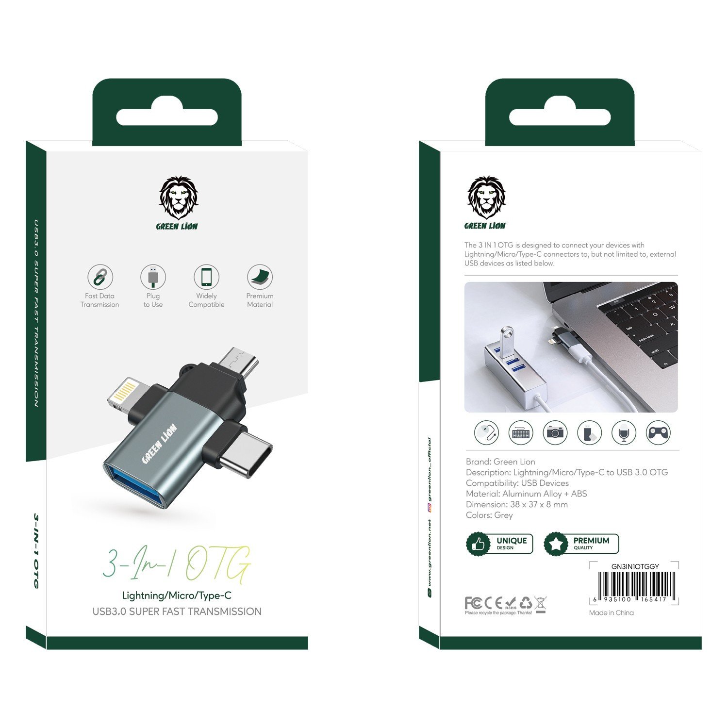 Green 3 in 1 OTG ( Lightning / Micro / Type-C ) - Gray