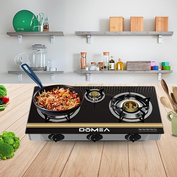 DOMEA Gas Burner With Auto Ignition | 3 Burners Stove With Convenient Pot Holders, Tempered Glass Top, Cast Iron Burner| Perfect For Home, Apartments, Parties | Table Top, Portable