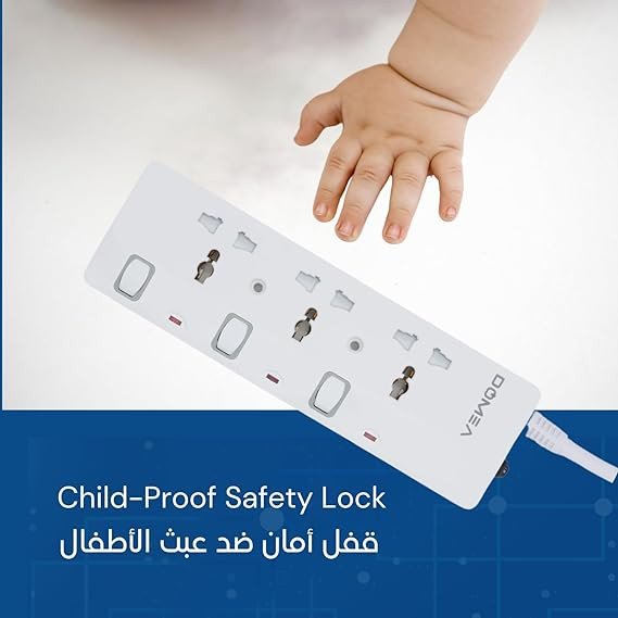 DOMEA Multi Plug Extension With 3 Universal Sockets | Plug Type Adaptor | 3 Meter Copper Cable | Safety Fuse | Individual Switches