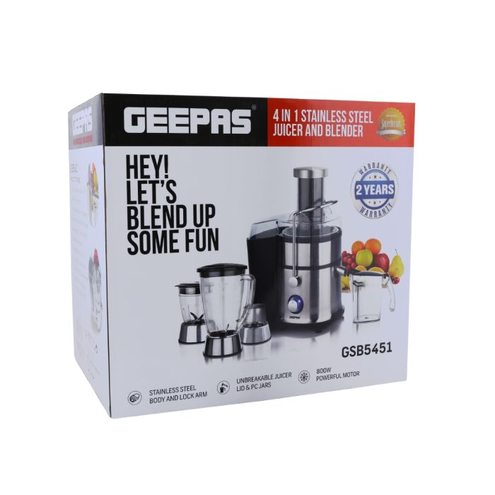 Geepas GSB5451 4-In-1 Juicer & Blender - Compact Electric Blender, Juicer, Chopper & Grinder | 2-Speed Pulse Function For Ice Crusher | 800W - 2 Years Warranty