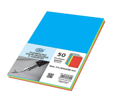 FIS Color Envelopes Peel & Seal, Pastel Colors, Pack of 50 Pcs. 5 Asst Color, C4 (324 x 229 mm), 80 GSM - FSEC8027P550
