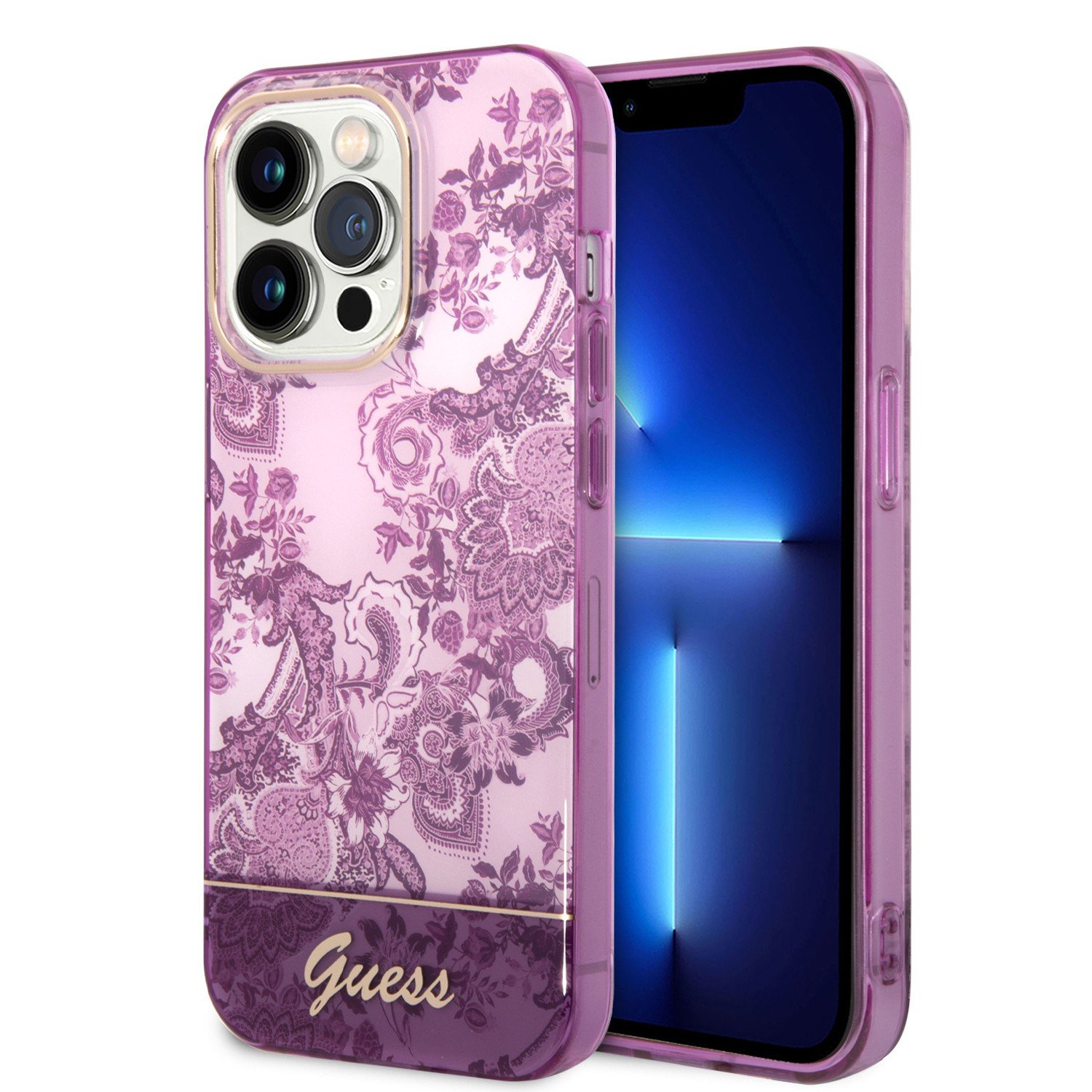Guess PC/TPU IML Case With Double Layer Electroplated Camera Outline & Toile De Jouy For iPhone 14 Pro - Fuschia