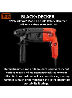 SDS + Rotary Hammer Drill in Kit Box for Concrete, Metal and Wood Drilling 20mm 620W 2KG BDHR202K-B5 Orange/Black