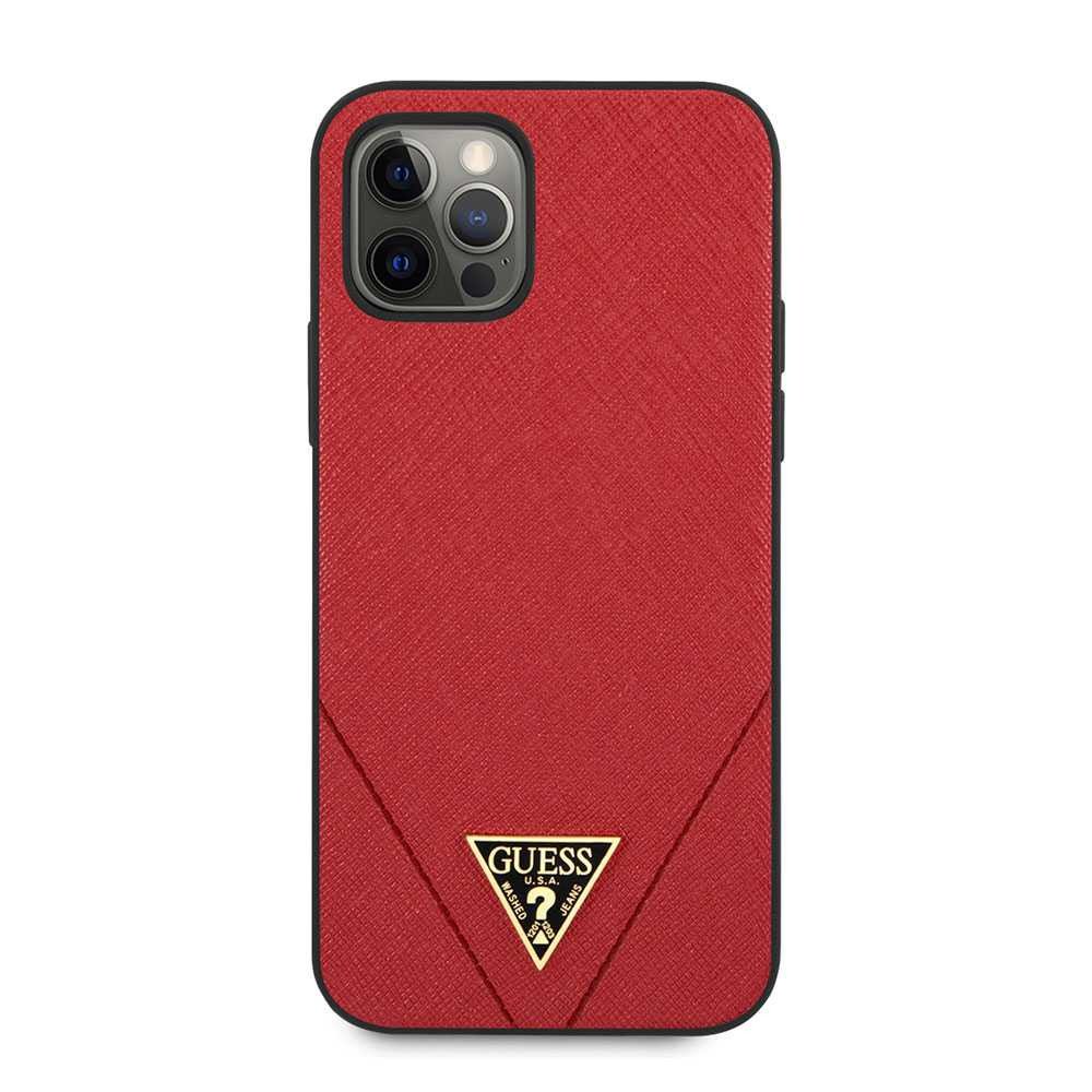 Guess PU Saffiano V Stitched w/ Metal Logo Case for iPhone 12 / 12 Pro (6.1") - Red