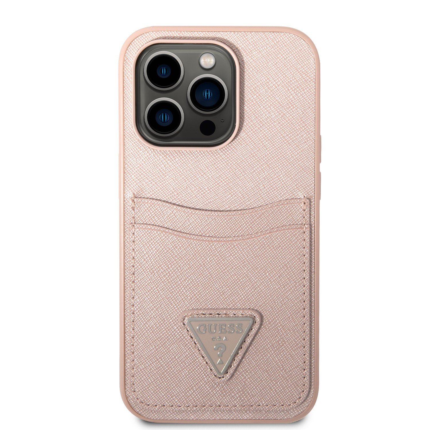 Guess Saffiano Double Card Hard Case for iPhone 14 Pro Max (6.7") - Black and Pink
